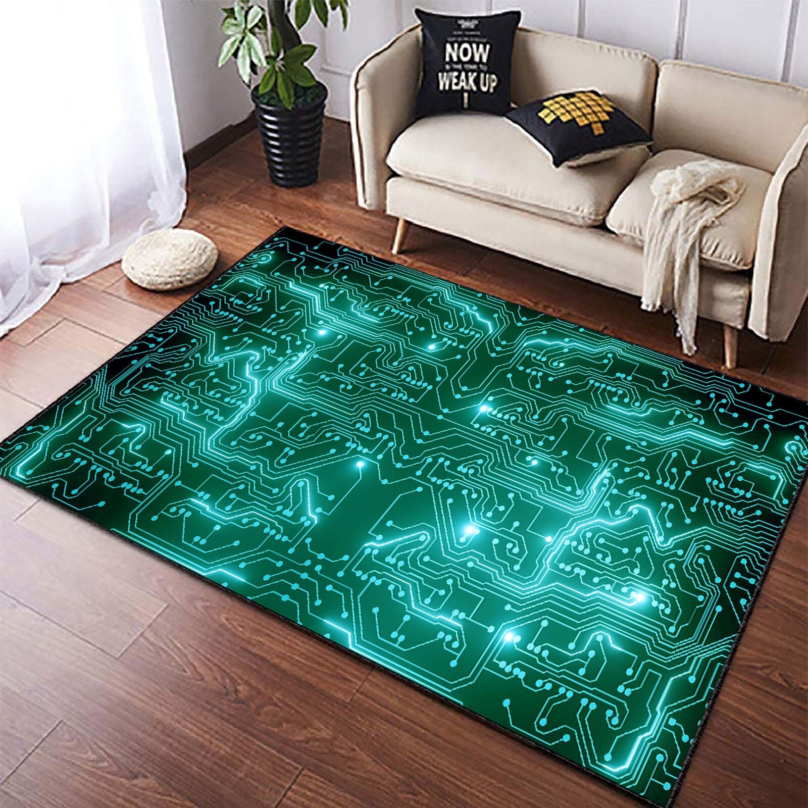 Circuit board rug, Tech lover carpet, Futuristic floor mat, Green neon decor Rug