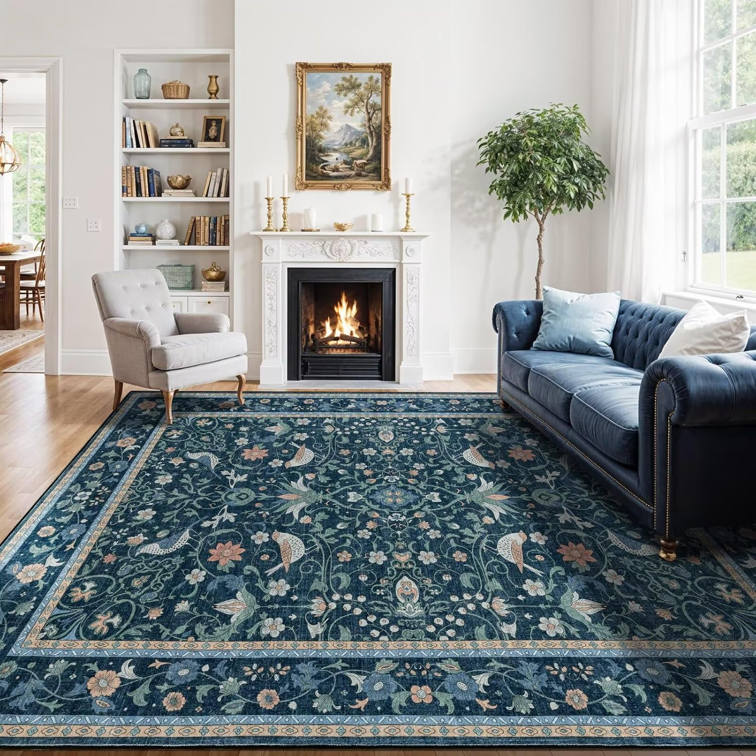 Blue Area Rugs for Living Room 8×10, Vintage Floral 8×10 Washable Rugs for Livin