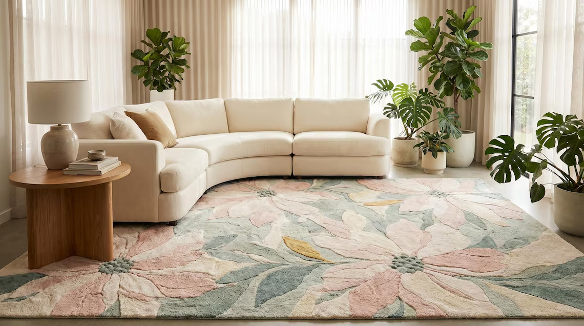 Sage Blush Floral Tufted Wool Rug | Modern Botanical Hand Tufted Rug, Luxury Rug