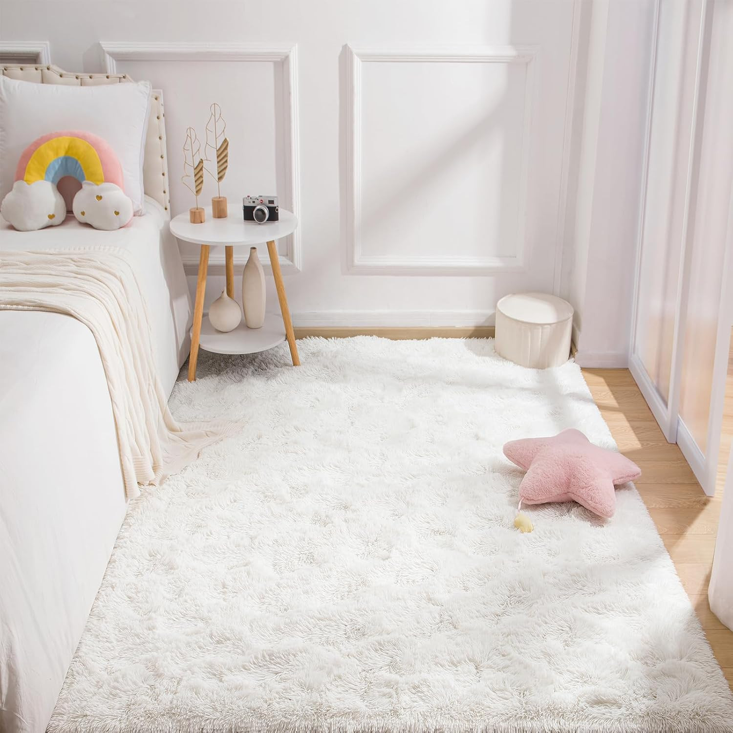 Alfombra Blanca Esponjosa para Sala de 4×6 y Dormitorio Infantil Lavable