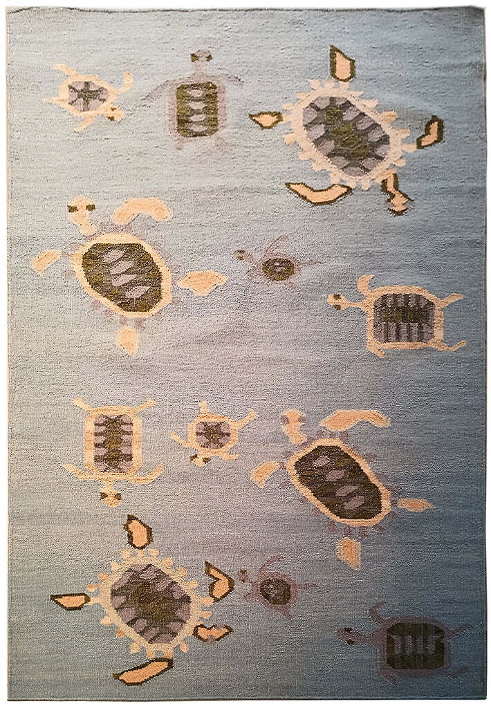 5×7′ Blue Turtle Pattern handmade Wool Contemporary rug #F-5781
