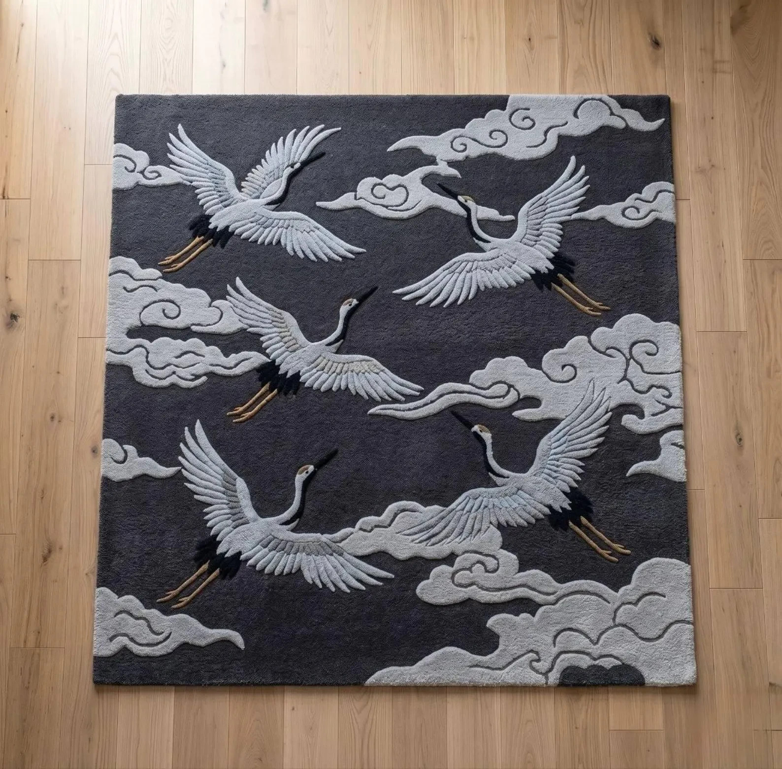 Hand-Tufted Wool Crane Rug Japanese Flying Bird Carpet Dark Gray Accent Floor