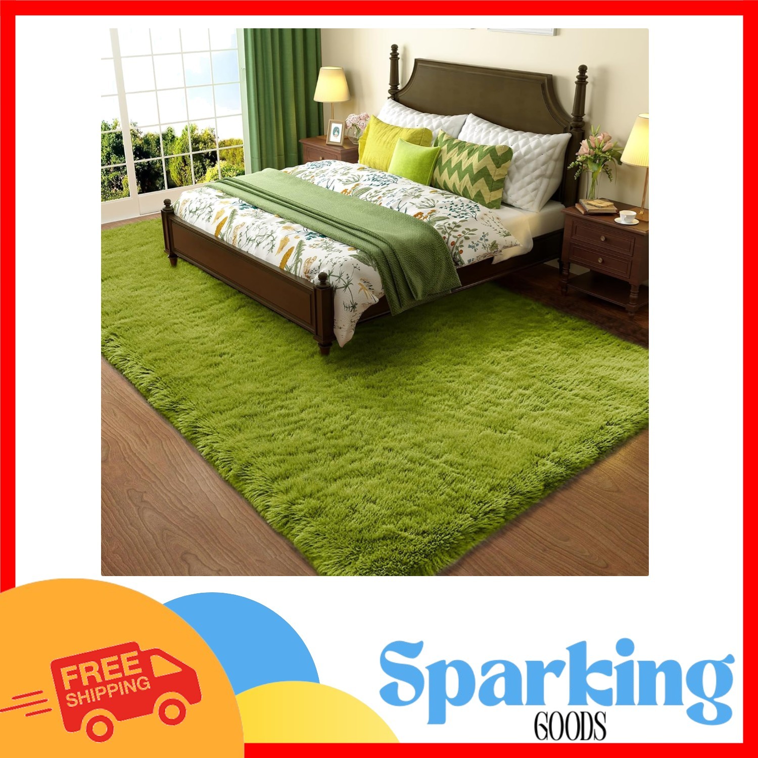 4×6 Green Fuzzy Shag Rug – Cozy Polyester Carpet for Bedroom & Nursery