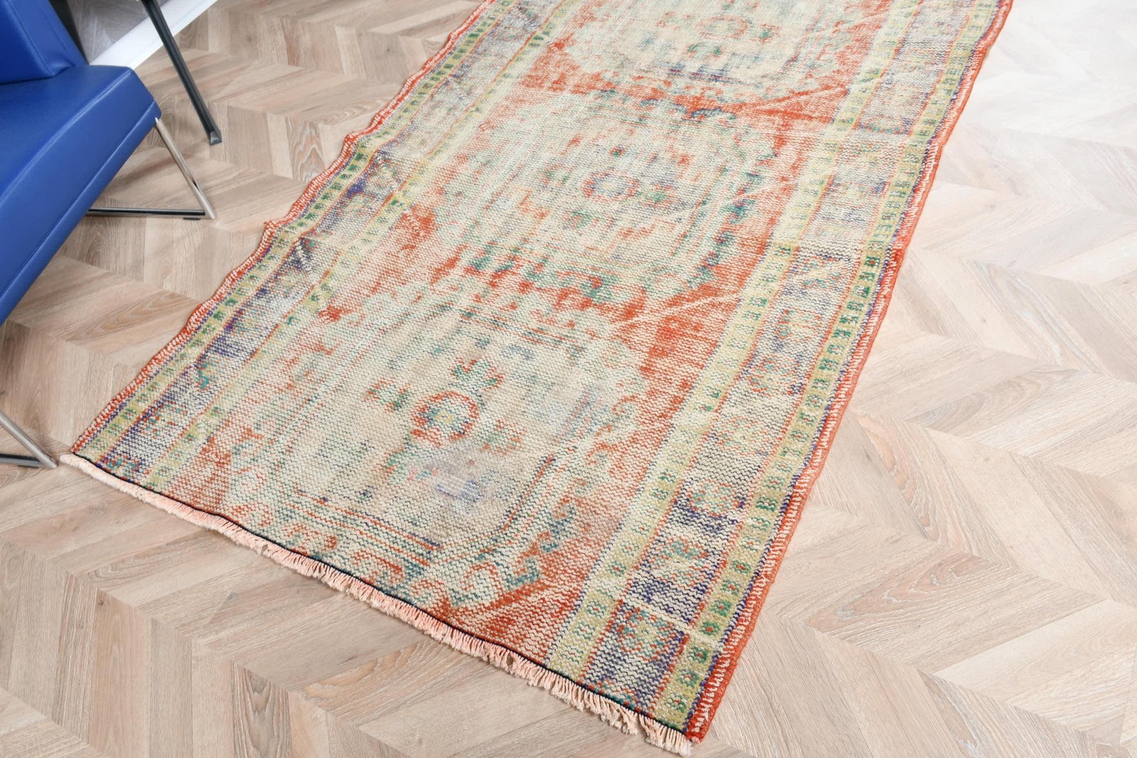 Vintage Turkish Rug 4,1×8,1 ft, Orange Camouflage Wool Rug