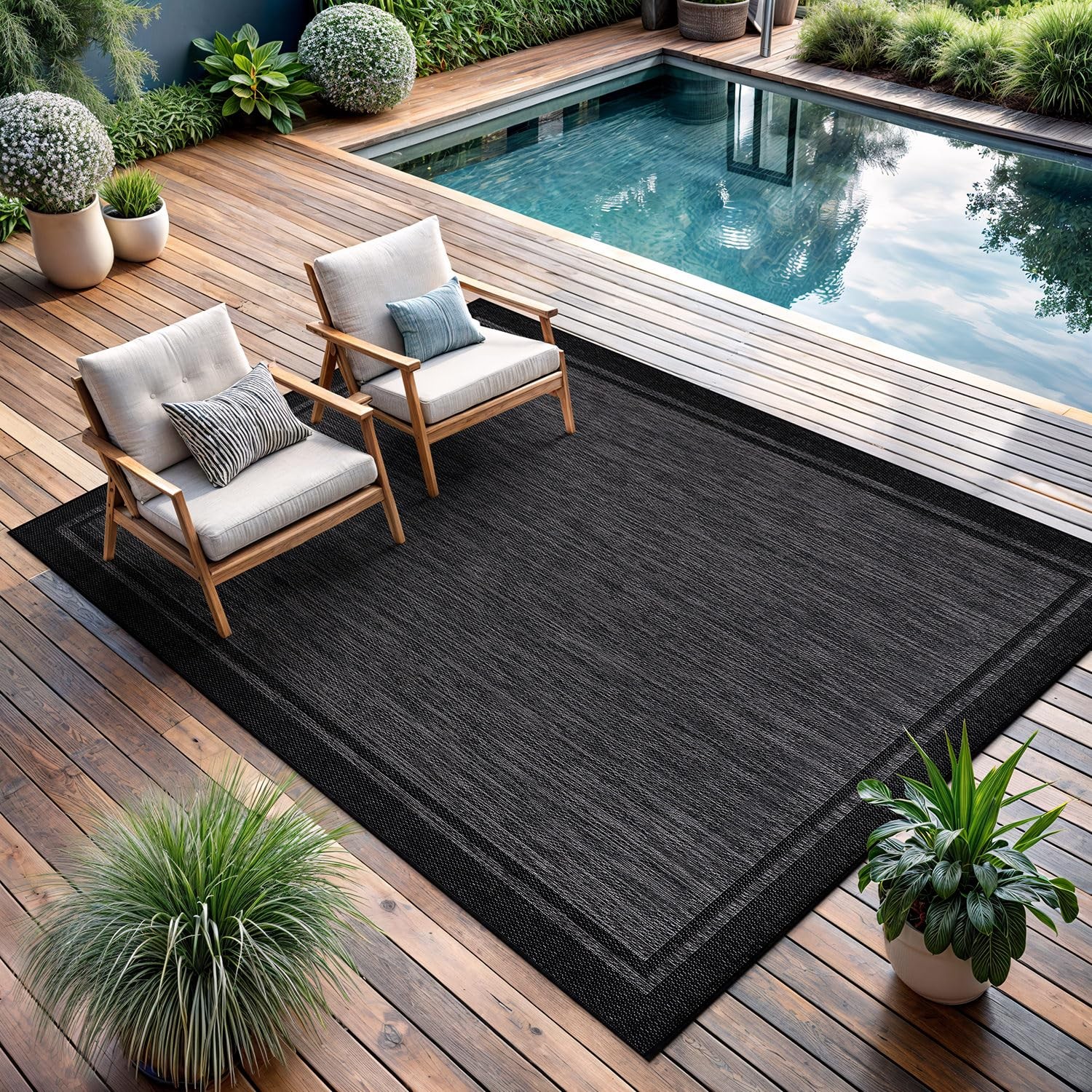 Indoor Outdoor Rug 6×9 Bordered Dark Grey Black Modern Washable Porch Deck