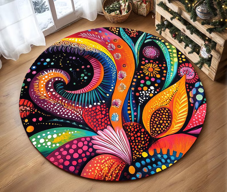 Abstract print rug, Round rug, Utility rug, Multicolor rug, Daily use rug