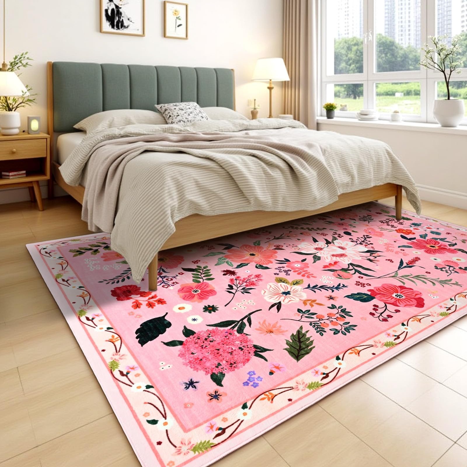 8×10 Pink Floral Area Rug for Living Room,Boho Machine Washable Ultra-Thin Ru…