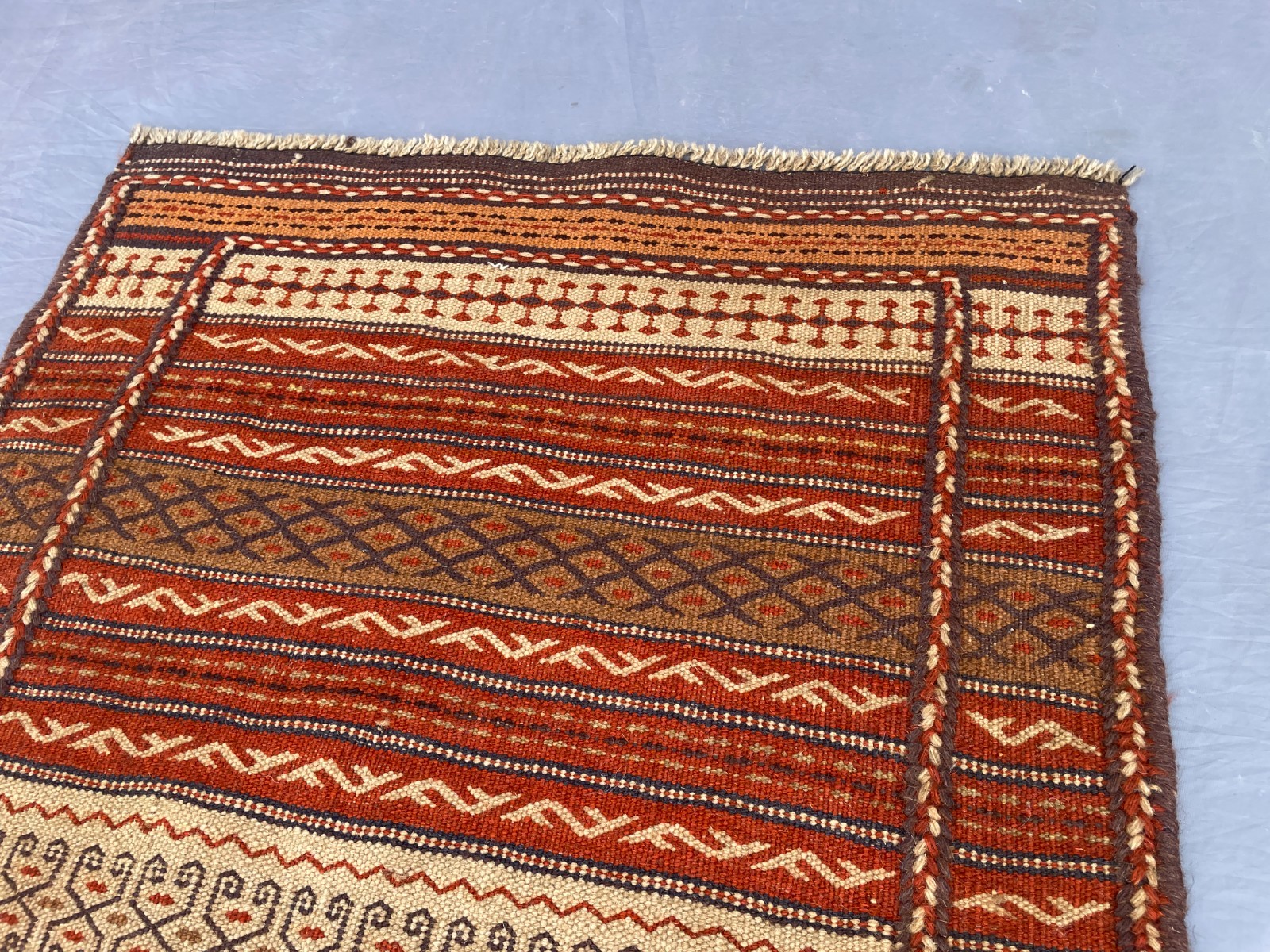 2×3 Handwoven Afghan Kilim Rug Tribal Wool Flatweave with Hooked Motifs N Stripe