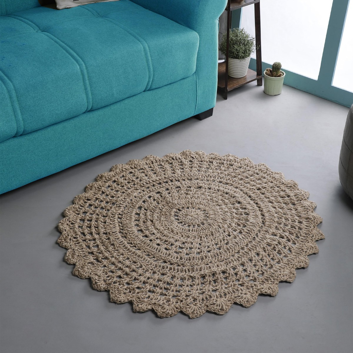 Ramanta Home Jute Handmade Natural Crochet Woven Rug 3 Feet Round Anti- Slip
