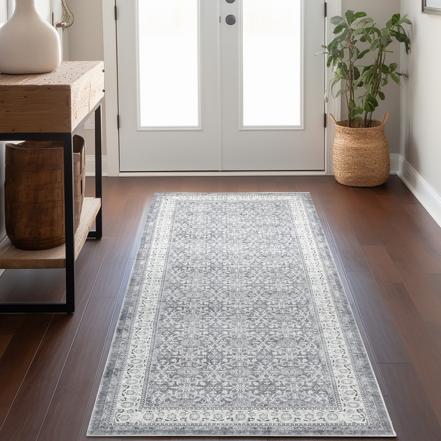 3×8 Vintage Distressed Runner Rug Washable Non-Slip Hallway Indoor Gray