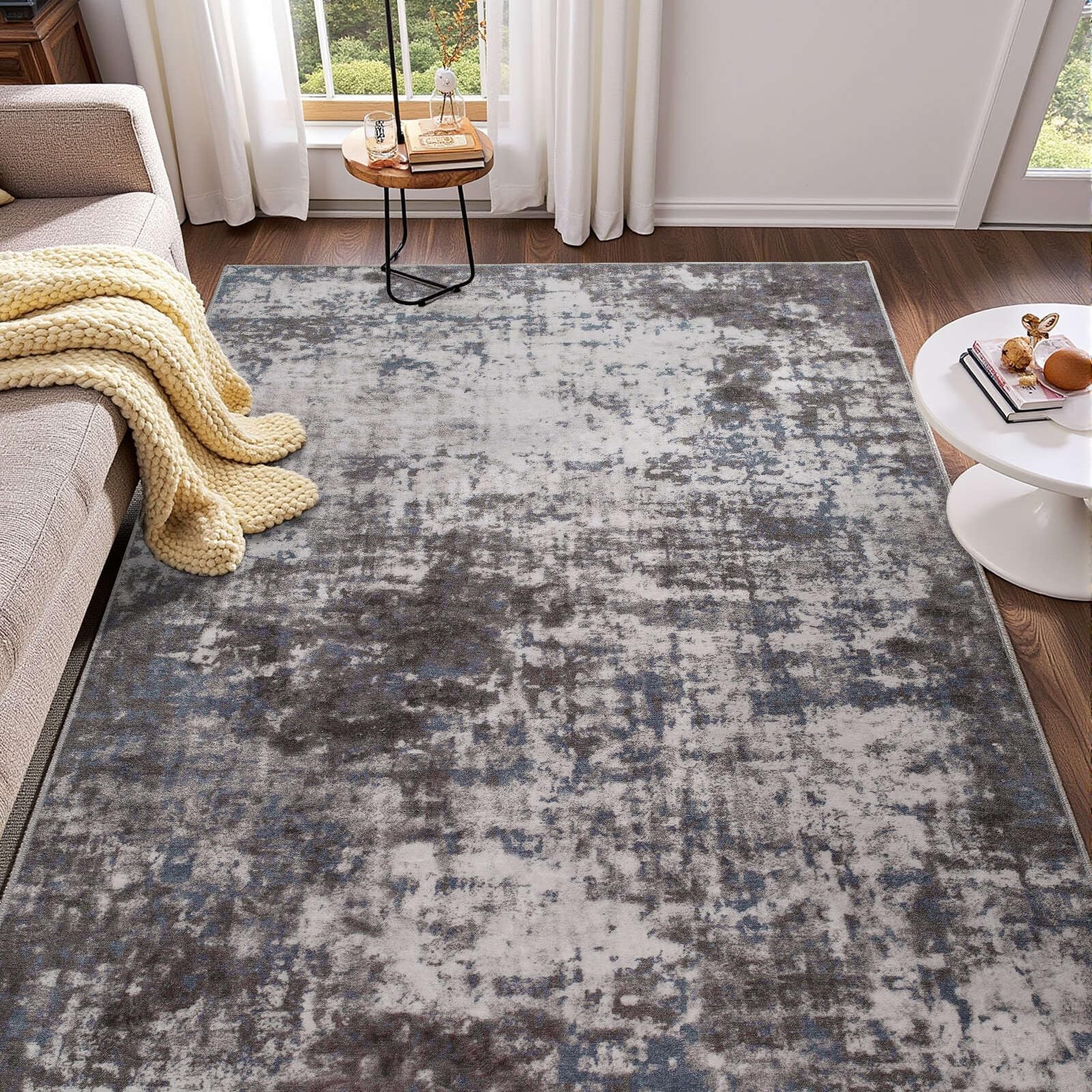 Dark Grey Blue Modern Abstract 3×5 Rug Non Slip Entryway Machine Washable