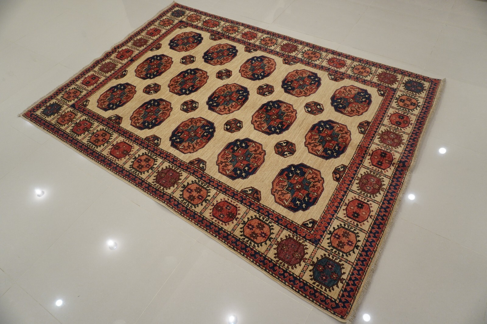 5 x 8 ft Beige Vintage Tekke Turkmen Afghan Hand Knotted Wool Oriental Rug