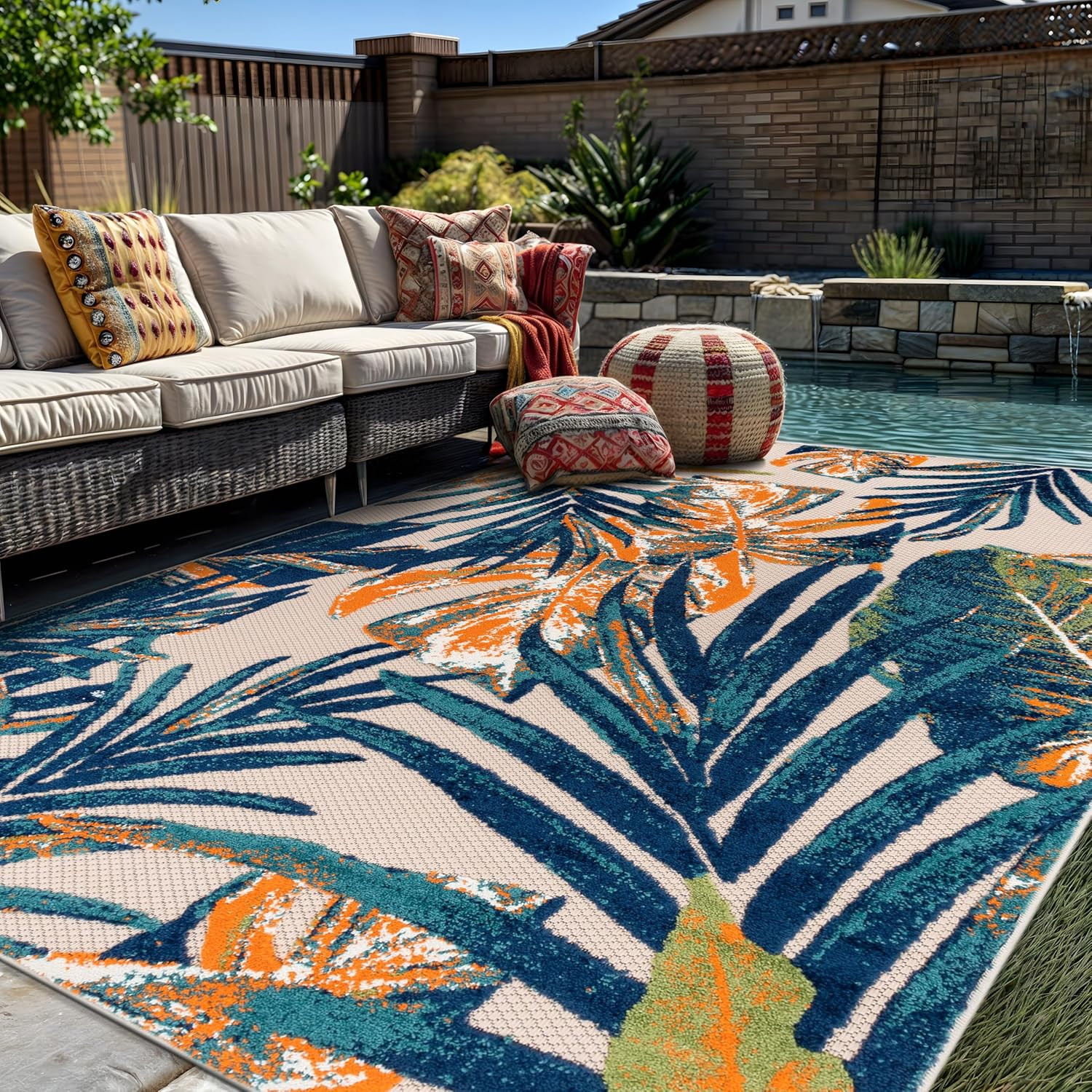 Tropical Floral Indoor/Outdoor Area Rug – Durable, Easy to Clean, 5′ x 7