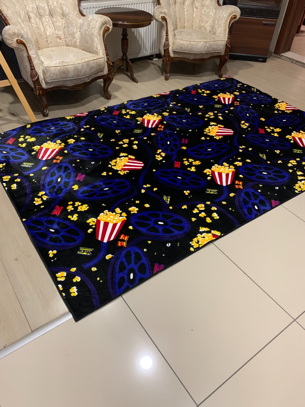 Popcorn themed rug, cinema room rug, movie rug, film themed rug