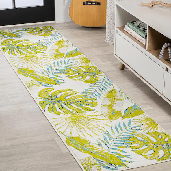 Jonathan Y Monstera Ivory/Green 2 ft. x 8 ft. Tropical Leaves Runner Rug