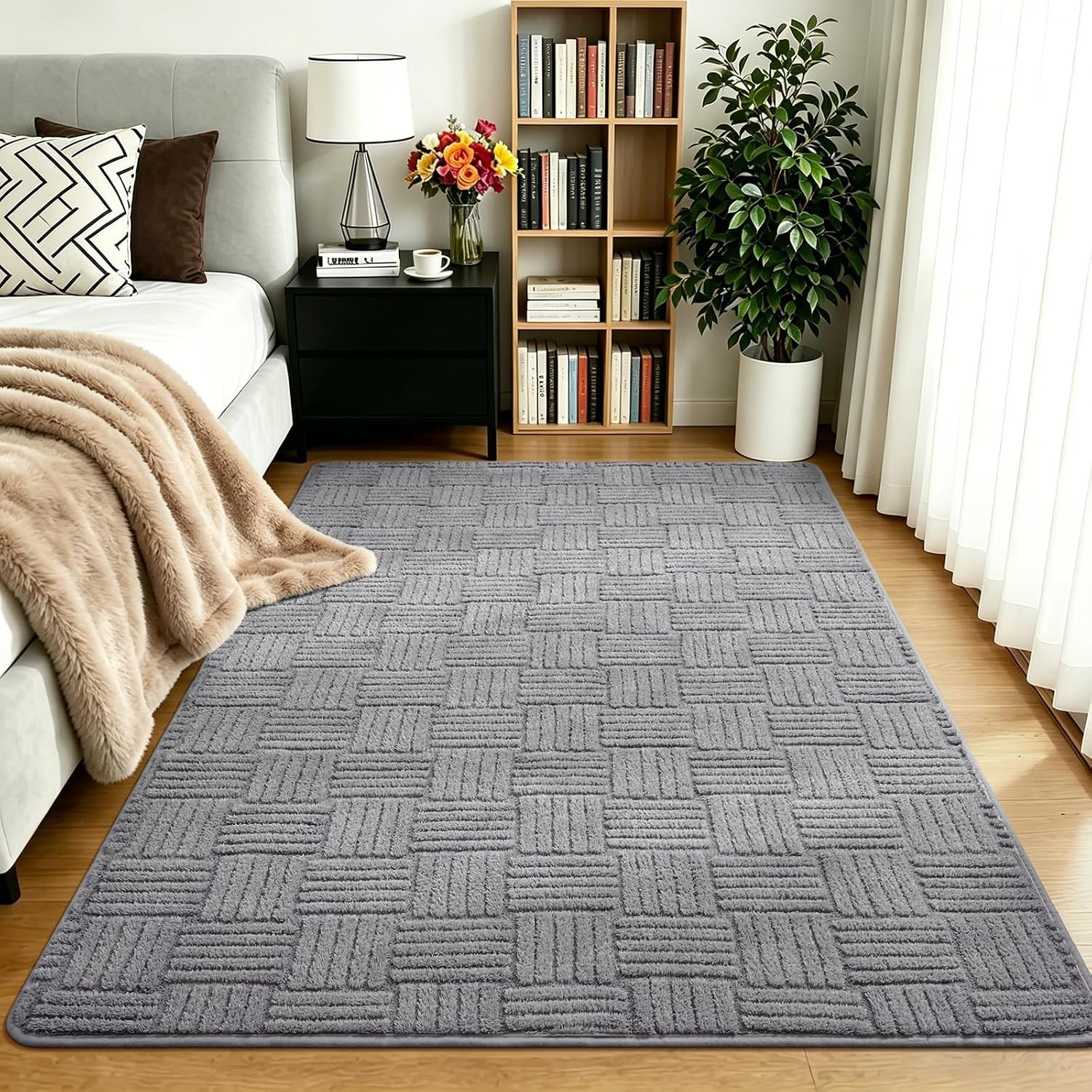 3X5 Grey Washable Shag Area Rug for Bedroom, Modern Geometric Non Slip Living