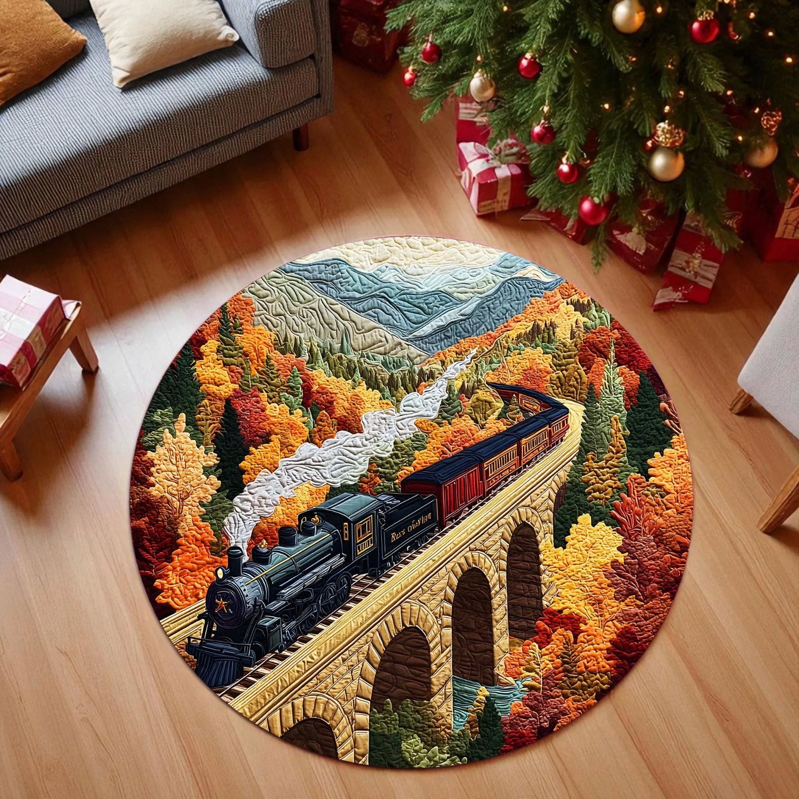 3D Train Bridge Round Rug Railway Fall Forest Locomotive Floor Mat Gift Decor