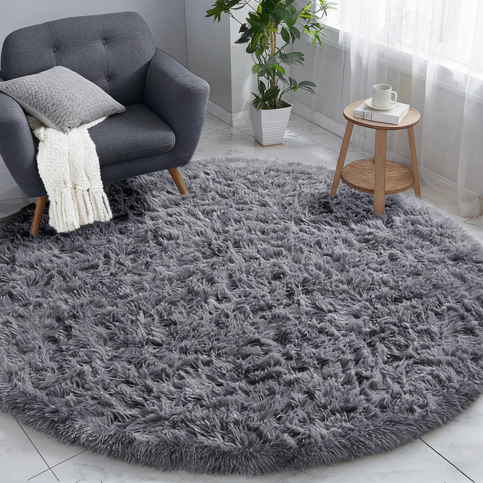 PAGISOFE Round Rug 4Ft, Grey Circle Rugs for Kids Bedroom, Fluffy Carpets for…