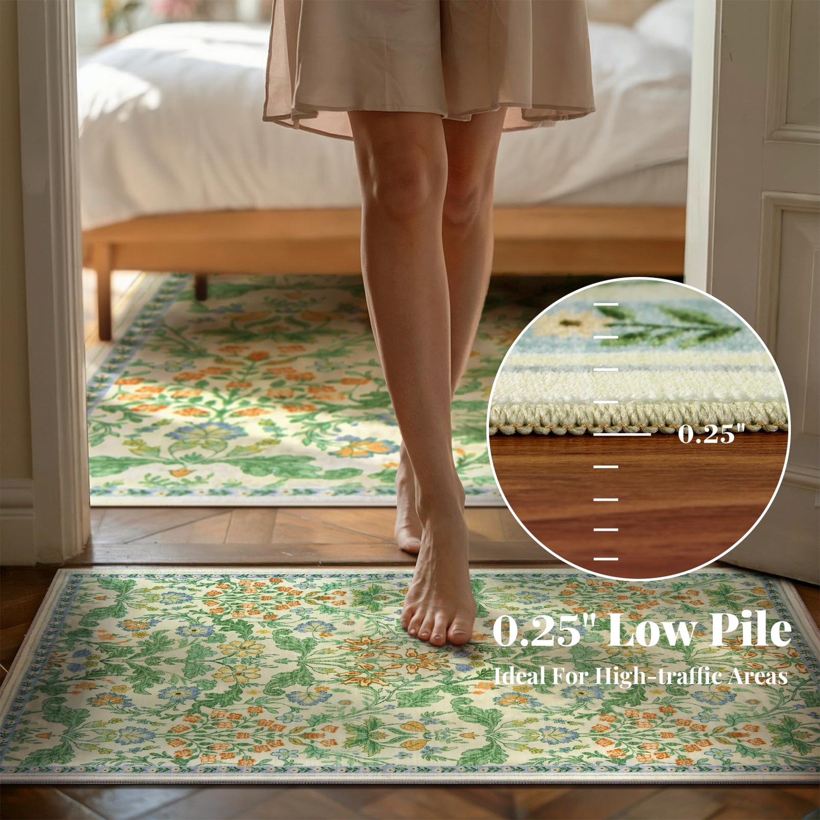 Floral Entryway Washable Rug: 2×3 Soft Low Pile Thin Indoor Front Door Mat, N…