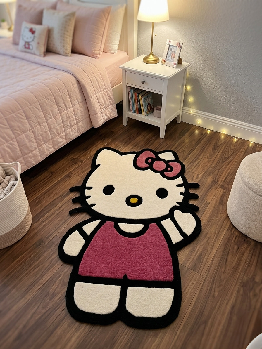 Handmade Tufted Wool Rug Hello Kitty Style Cartoon Area Carpet Home Decor