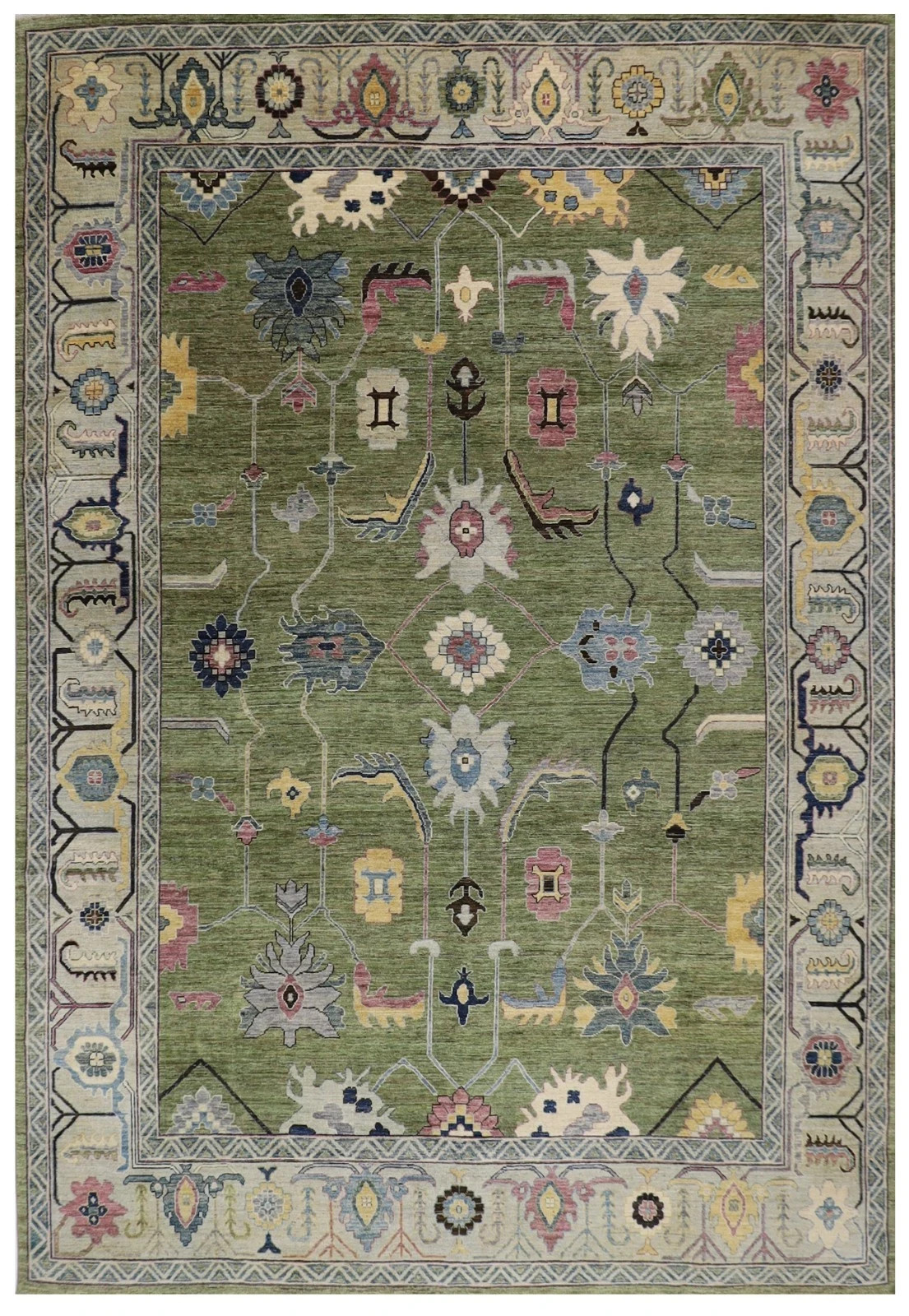 Hand Knotted Oushak Wool Rug Green Floral Turkish Area Rug