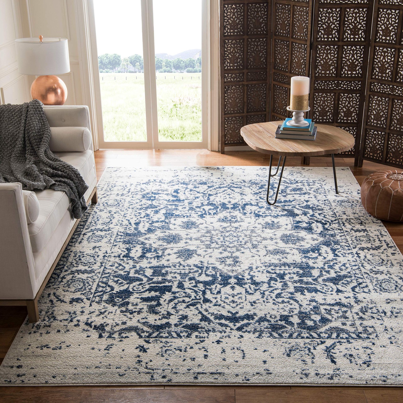 Madison Collection Area Rug – 8′ Square, Cream & Navy, Snowflake Medallion Di…