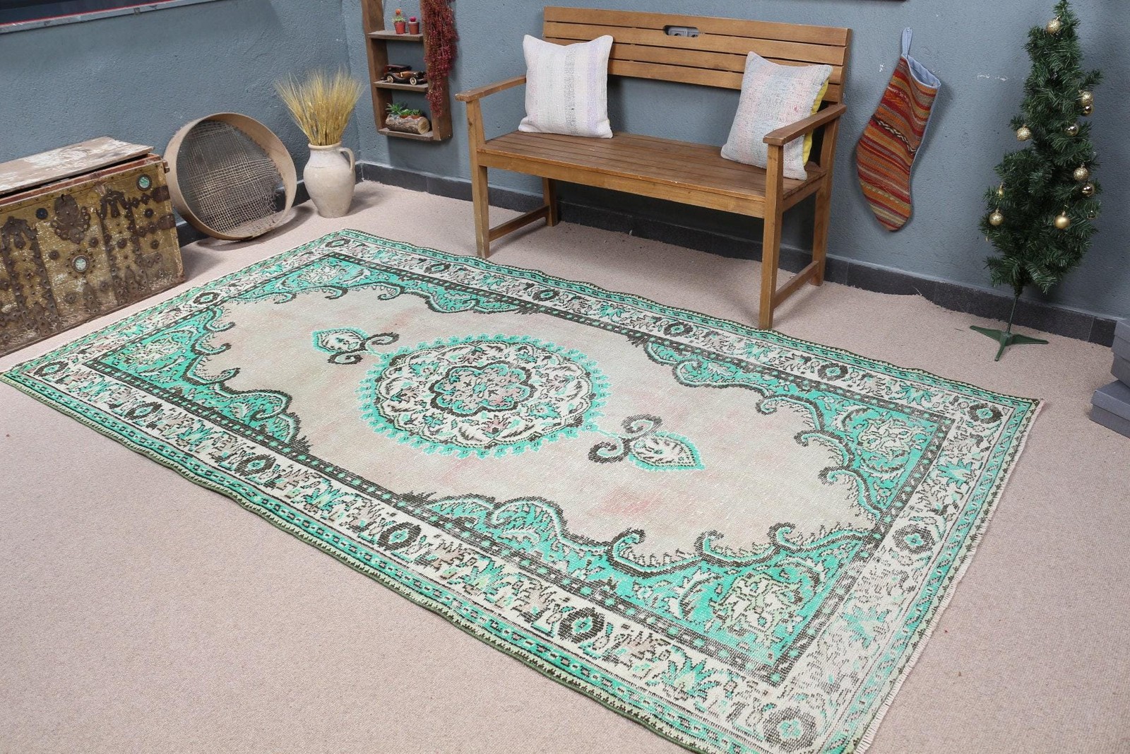 5,2×9,2 ft Turkish Rug, Vintage Large Rug, Green Blue Polka dot Rug