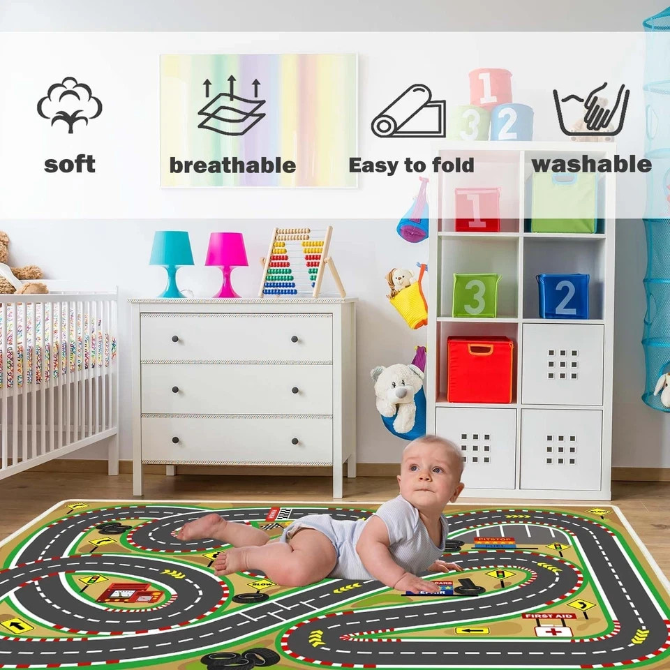 Kids Rug Race Track Play mat Playroom Car Rugs for 2.6×3.9ft, Race-green