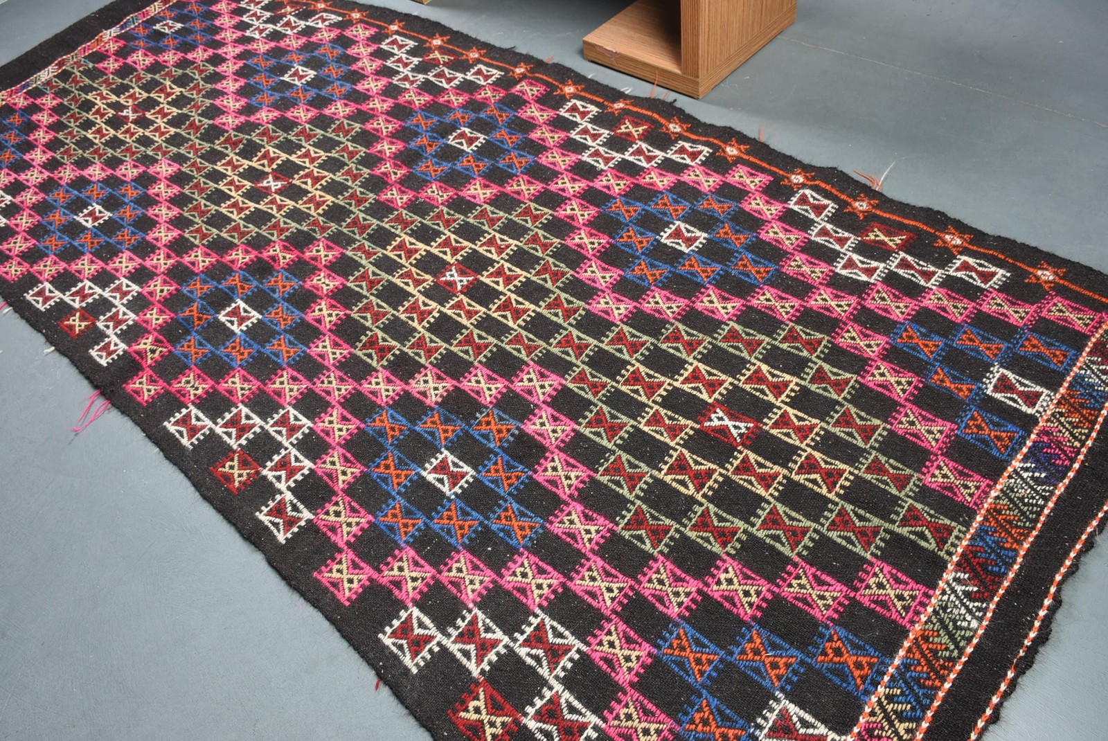 Turkish Large Rug, 4,6×11,1 ft Vintage Rug, Black Plants & trees Wool Rug