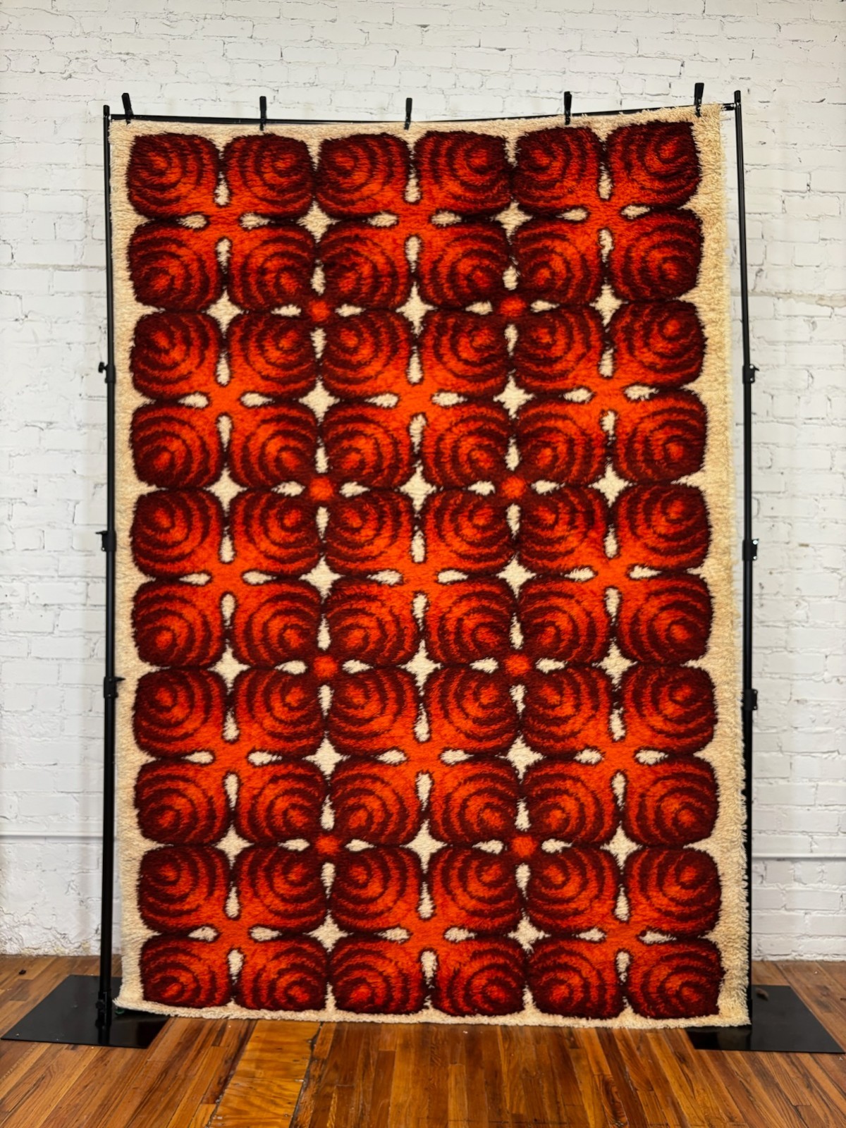 70s Bic Belgium Orange Red 15 Symmetric Shapes UNUSED Danish Rya Rug Mid Century
