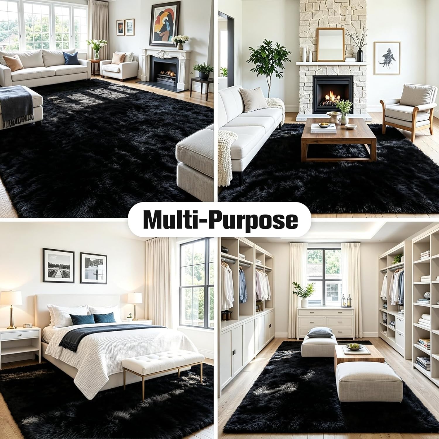 Fluffy Area Rug 8×10 Large Ultra Soft Plush Shag Black Mat for Living Room Floor