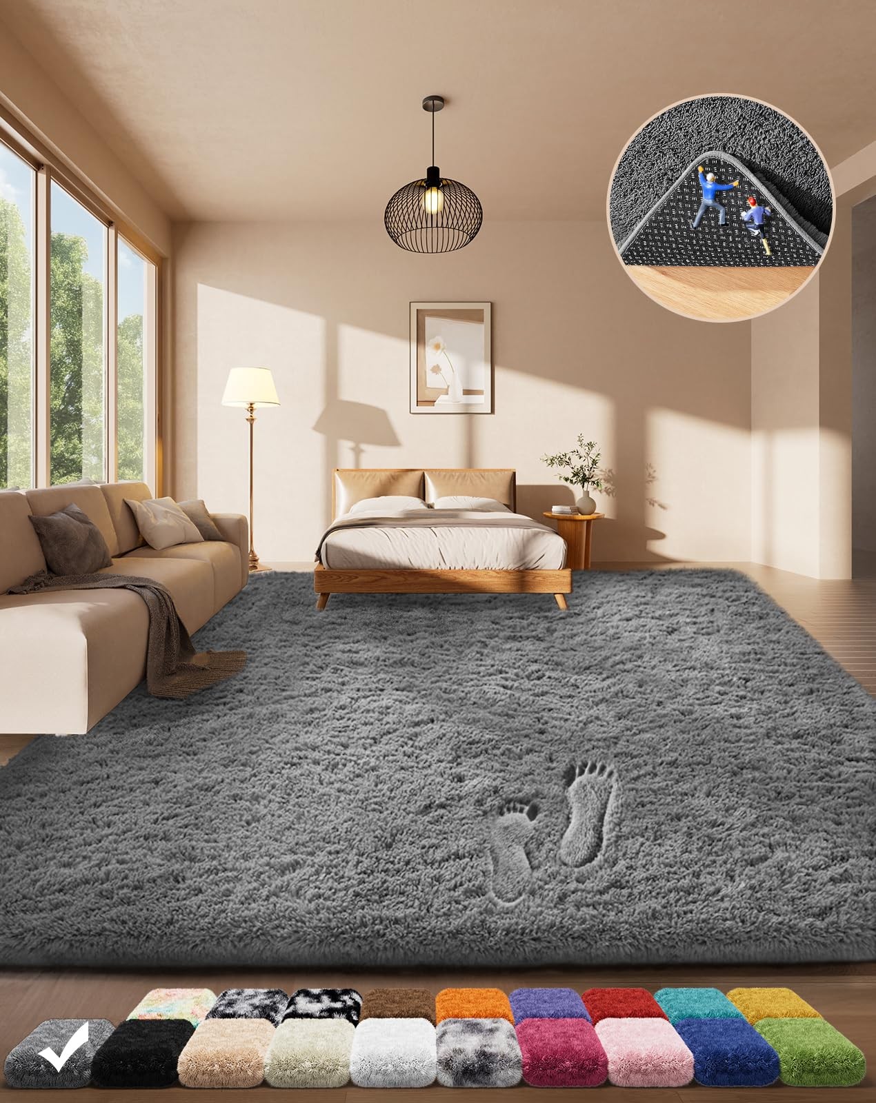 4x6FT Washable Shag Area Rug Non Slip Fluffy Grey Carpet for Living Room