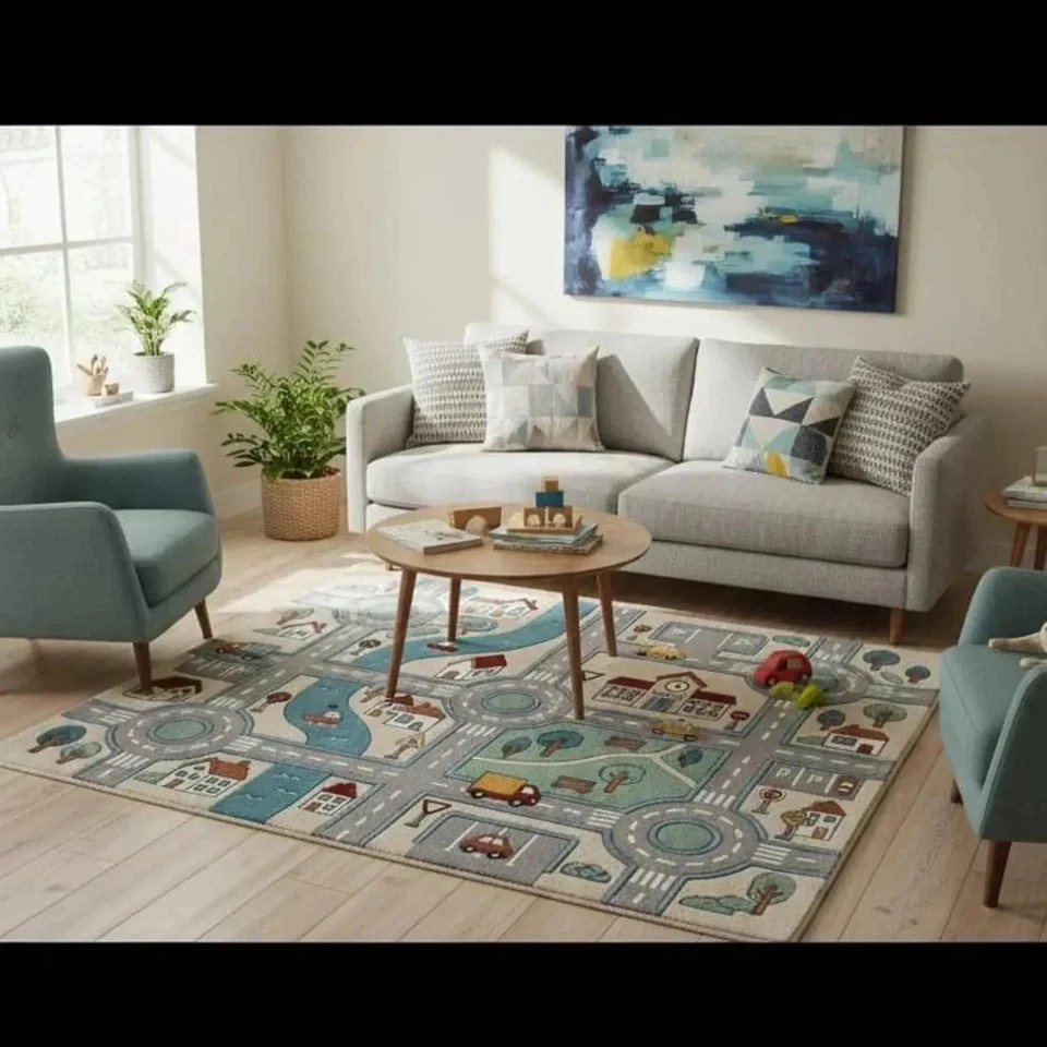 Kids City Road Play Rug | Hand Tufted Wool Playmat | Educational Car Track Rug
