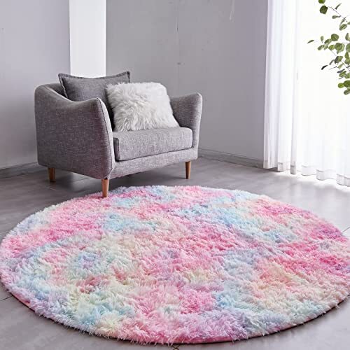 Round Rug Ultra-Soft Plush Modern 4×4 Circle Area Rug for 4×4 Feet Rainbow