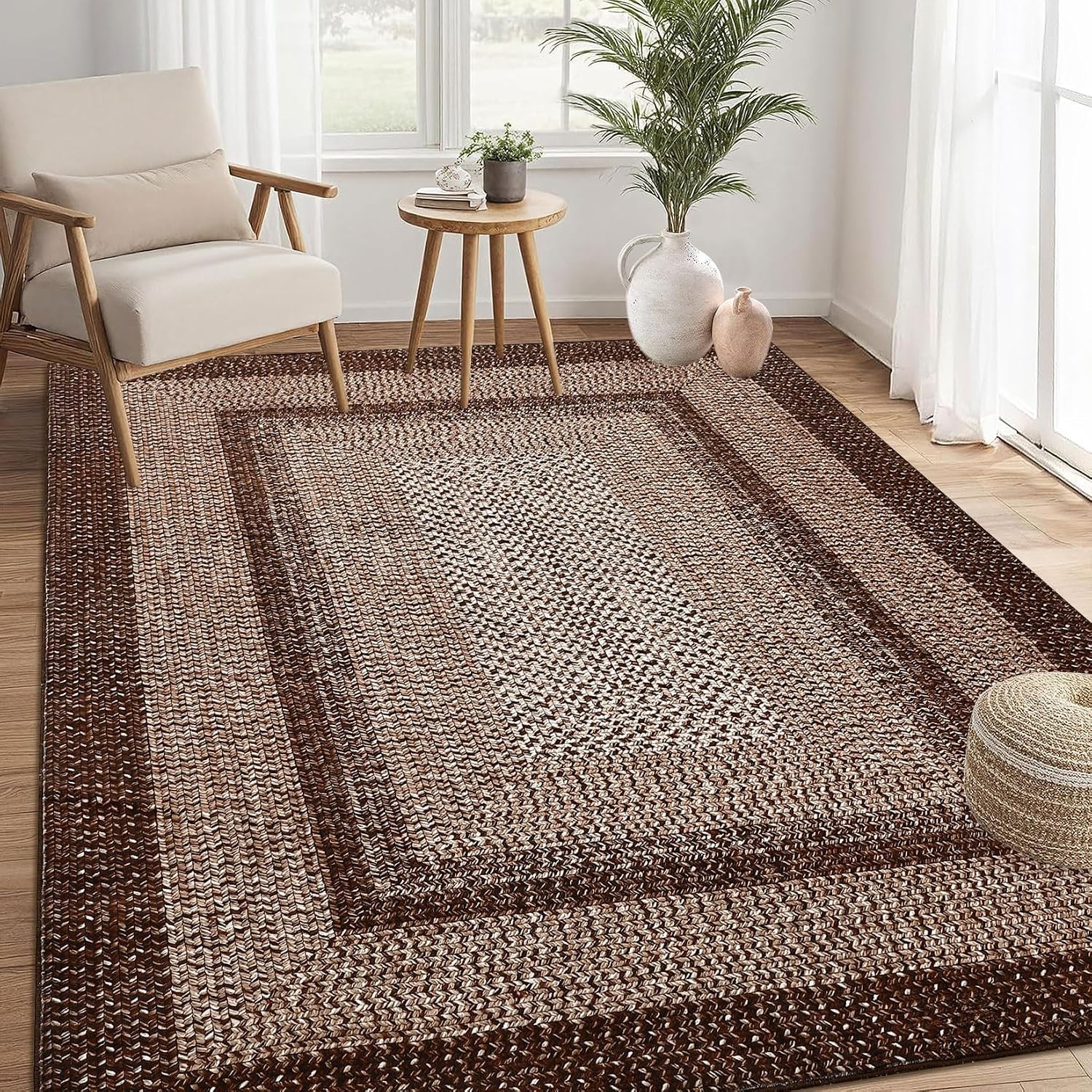 Stylish 5×7 Brown Braided Print Rug – Machine Washable, Pet-Friendly Design
