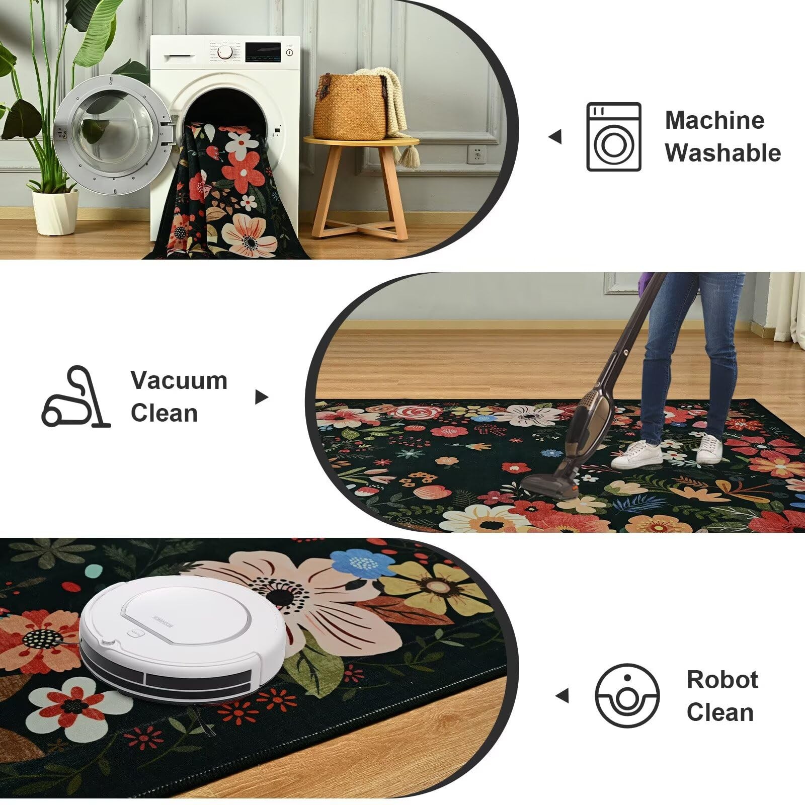 2×6 Runner Rug for Bedroom, Black Washable Rugs for Kitchen, Hallway