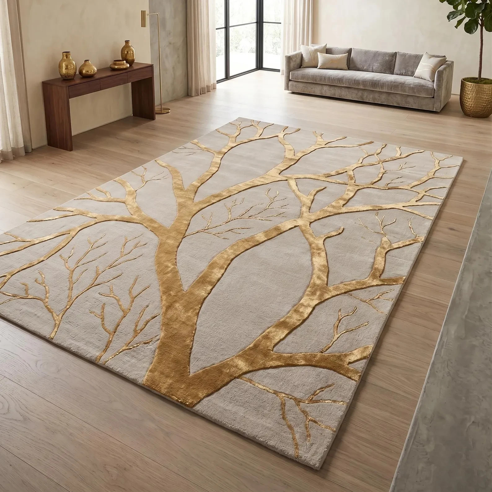 Hand Tufted Wool Viscose Tree Branch Rug, Beige Gold Abstract Carpet for living