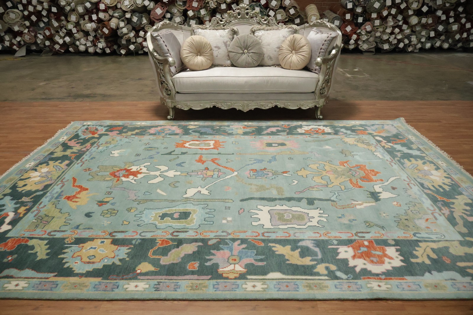 Traditional Teal Blue Oushak Area Rug 9×12 Ft Handmade Wool Carpet Oriental Rug
