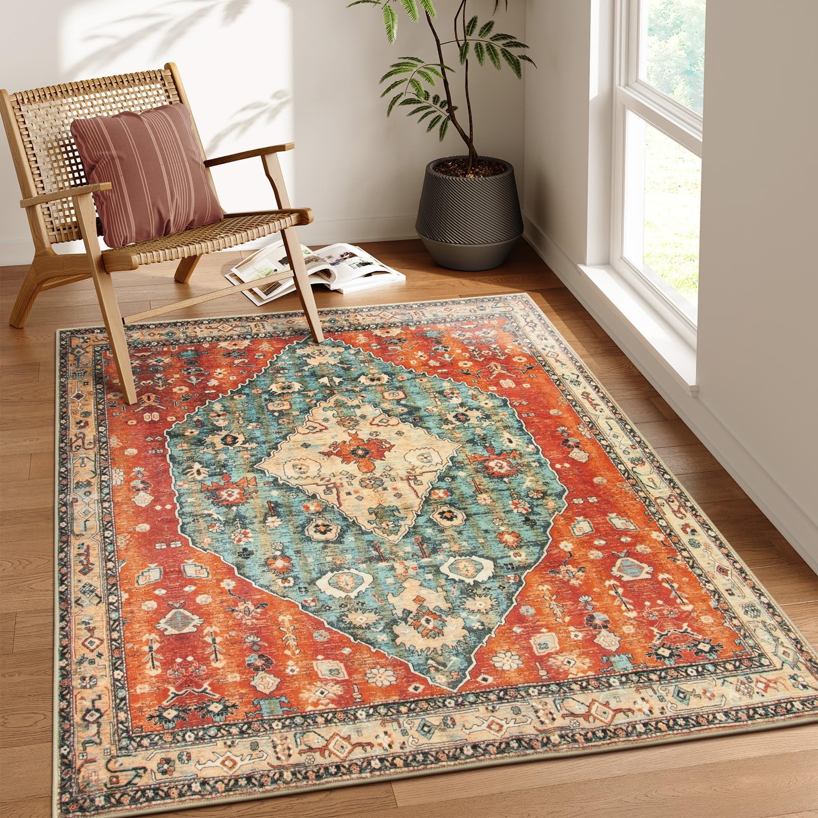 Felice Boho Tribal Square 4X4 Washable Rug, Soft Living Room Kitchen Entry Rugs