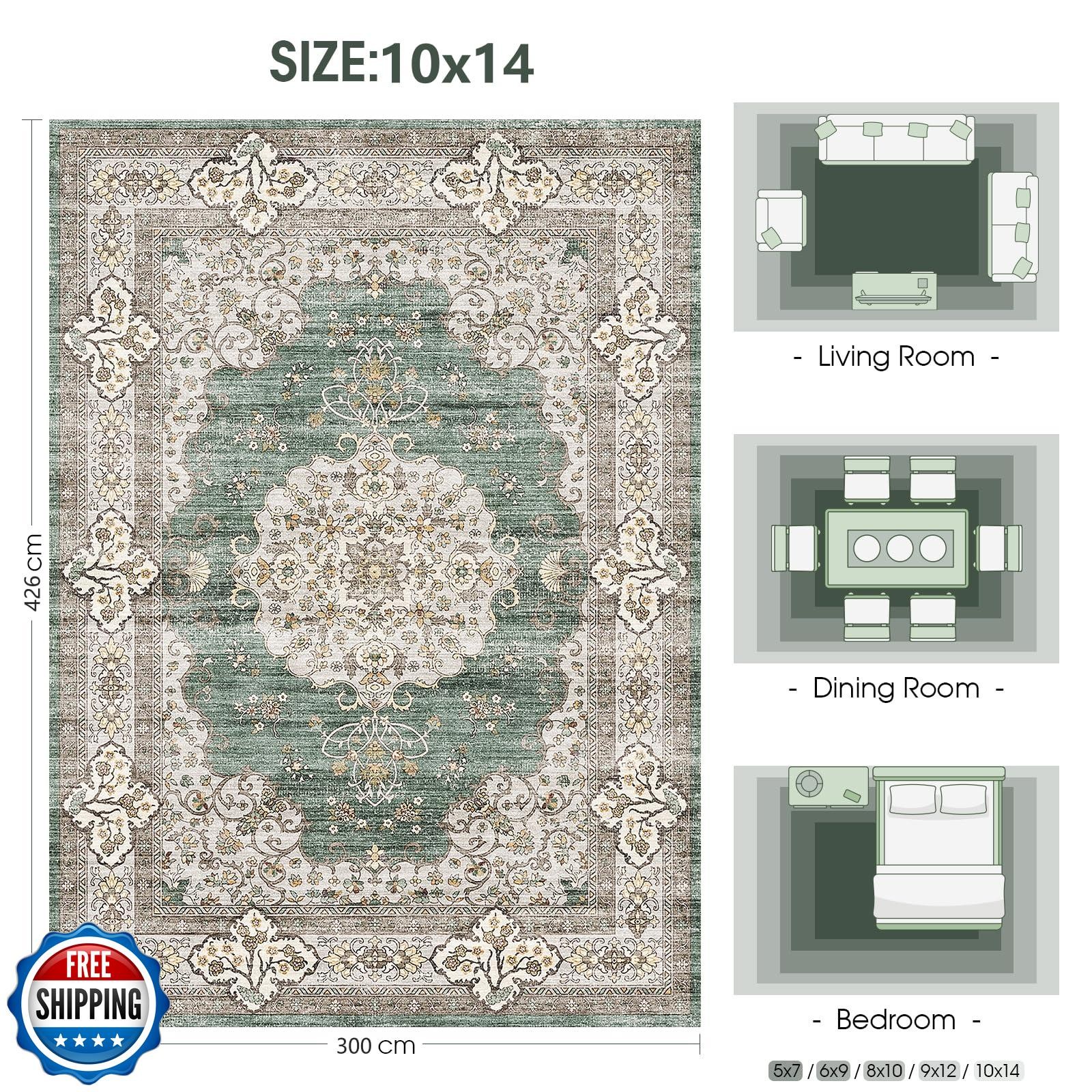 Ksrau Washable 10×14 Area Rug – Large Rug for Living Room Stain Resistant Low