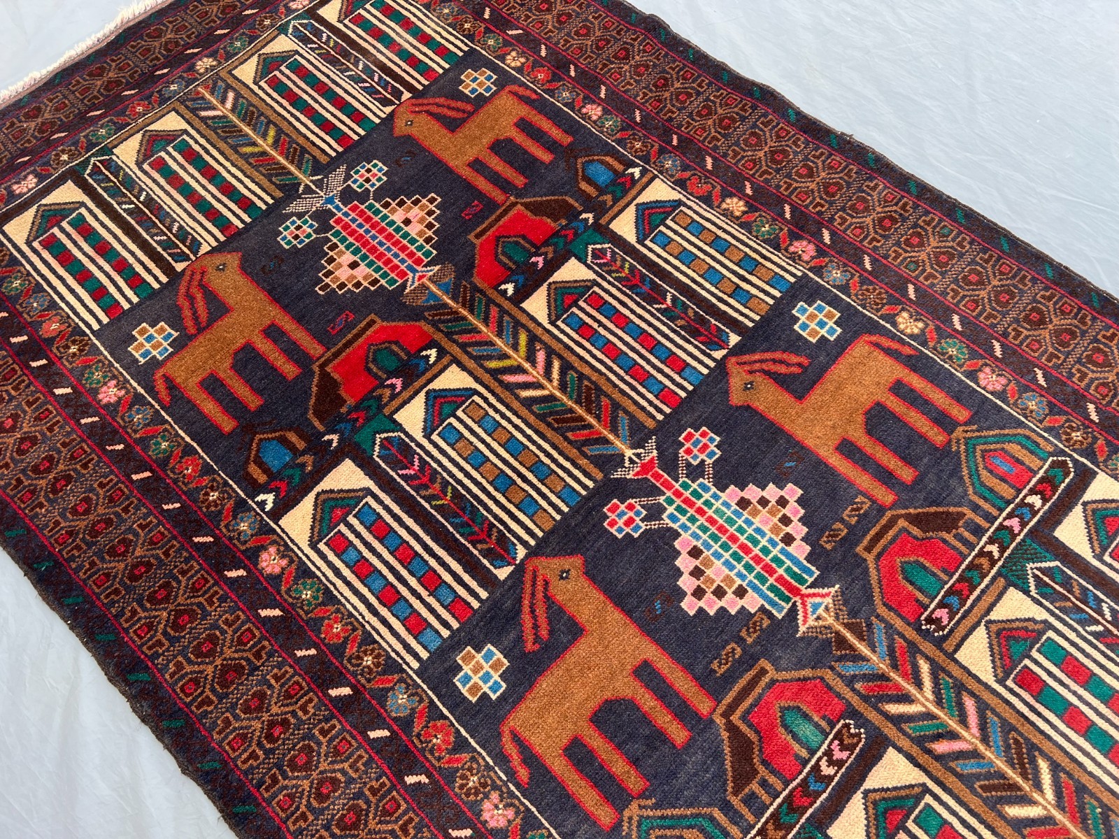 3×6 Rare Baluchi Pictorial Rug Afghan Wool Carpet Animal Village Folk Art Decor