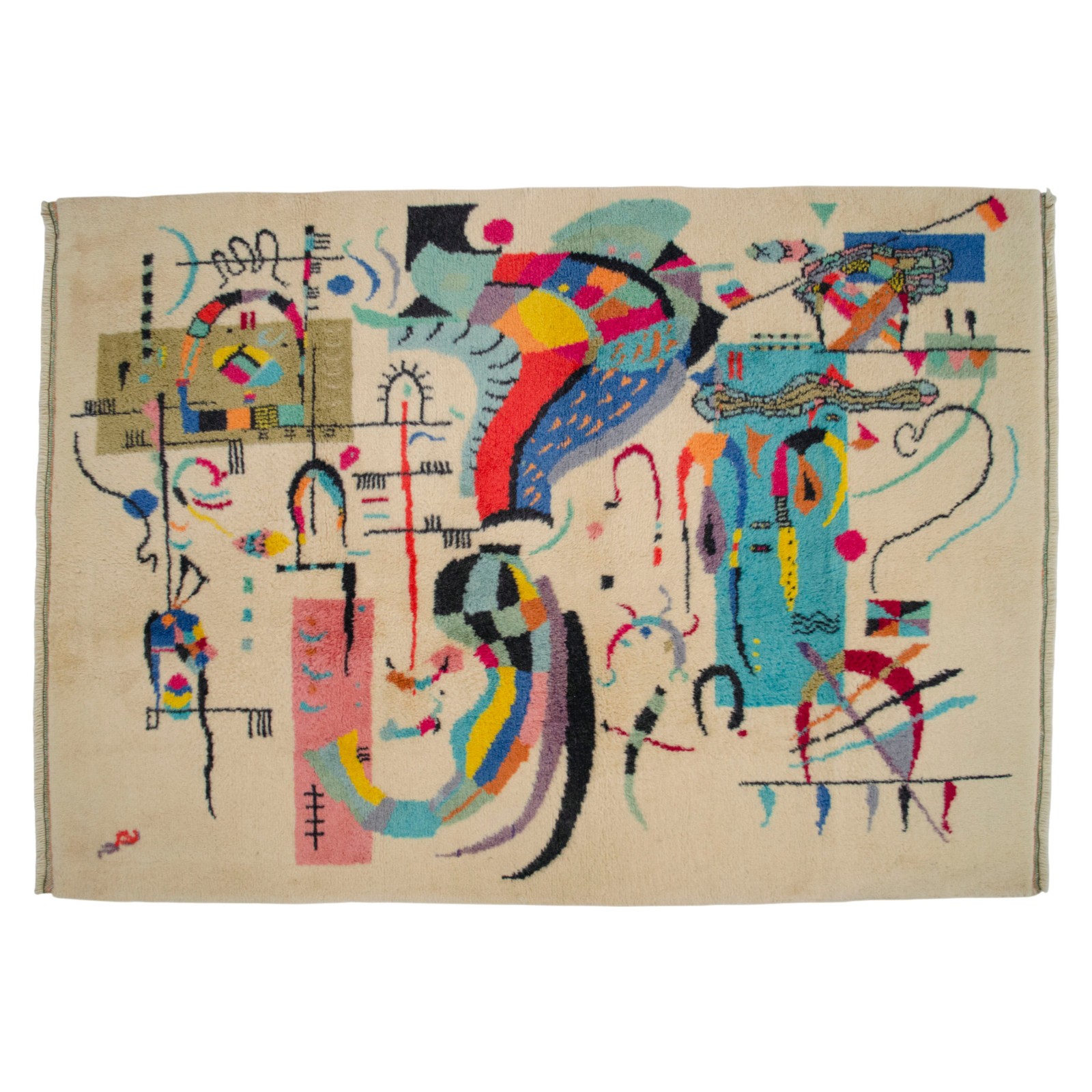 Kandinsky Style Abstract Rug | Vintage Hand-Knotted Wool Art Carpet 3’7″ x 5’0″
