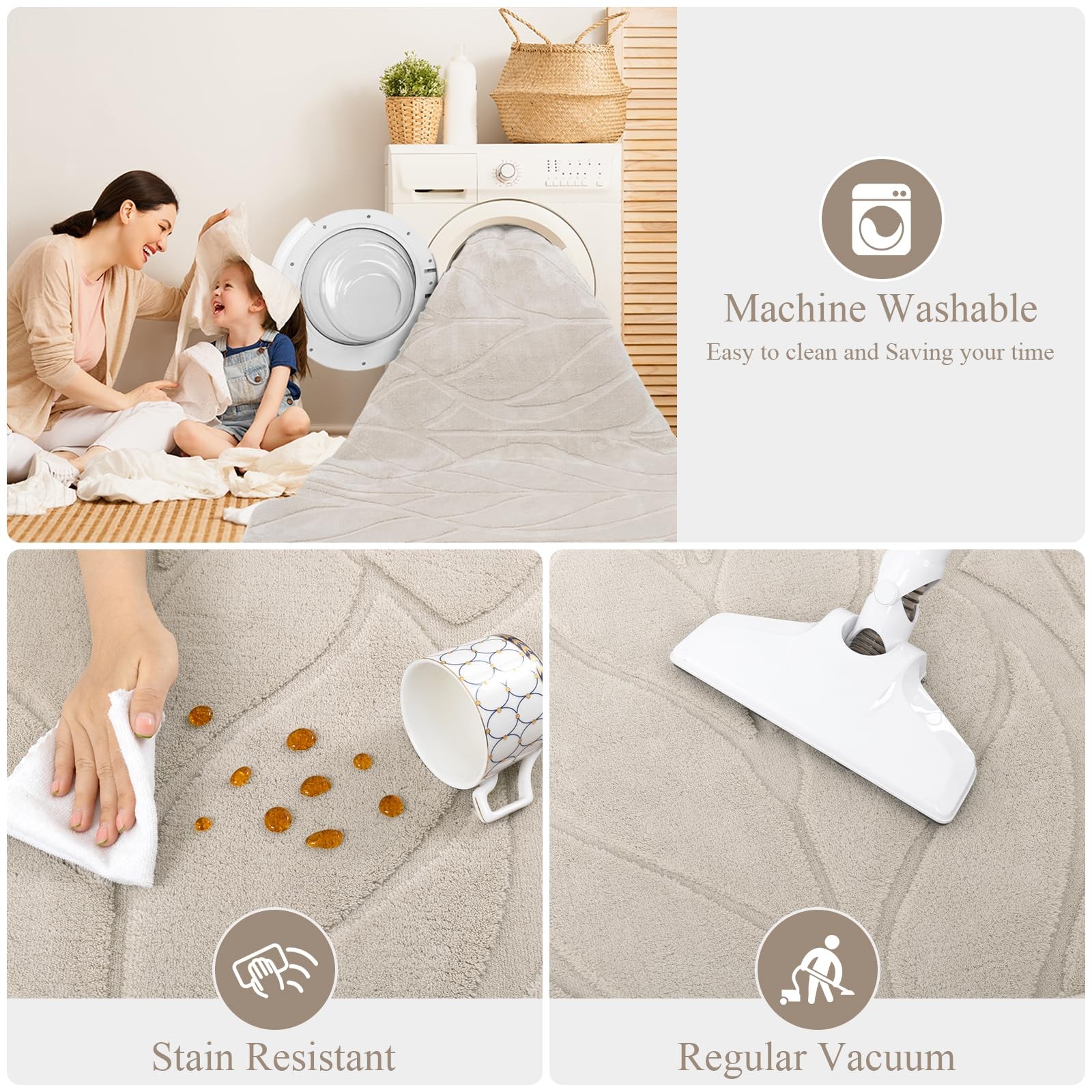 Soft Area Rug 8×10, Washable Non Slip Beige, 0.2-0.4in Pile Height – Non-Slip