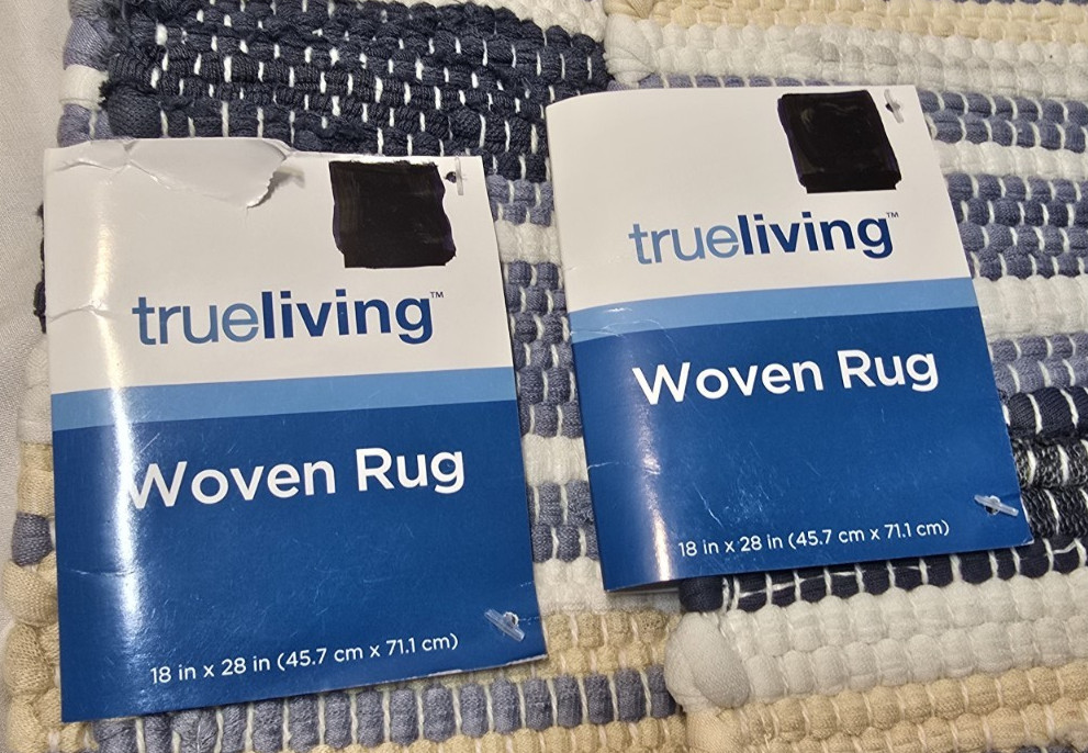 2 NEW True Living Woven Scatter Rug Blue/ beige/ White – ~18 ”x28” “Shoreline”