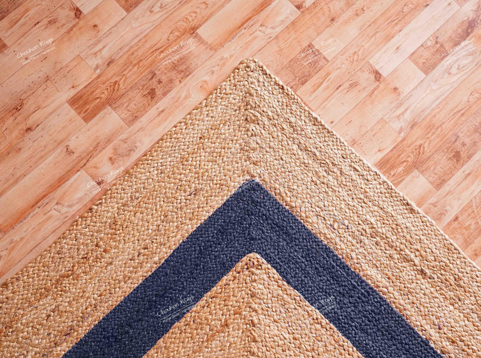 Handmade Jute rug beige with Navy Blue Border Vintage area Rugs for home decor