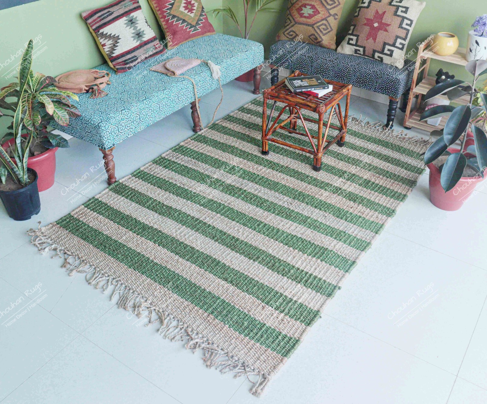 Beige Jute Rug And Green Stripes Line Natural Rectangle Rug Vintage Jute Rug