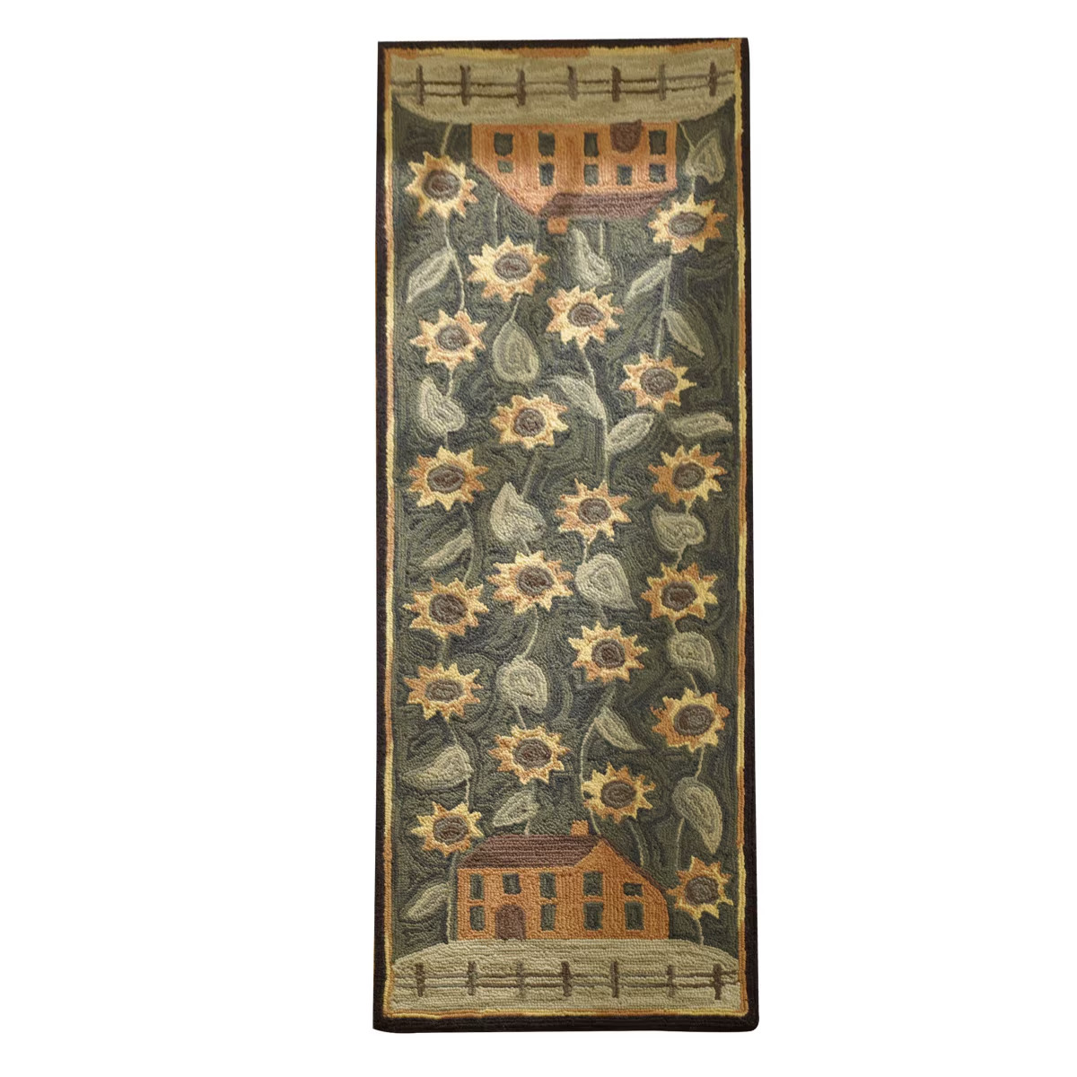 Saltbox House Sunflowers Polyester Primitive Country Hooked Runner Rug 24″x72″