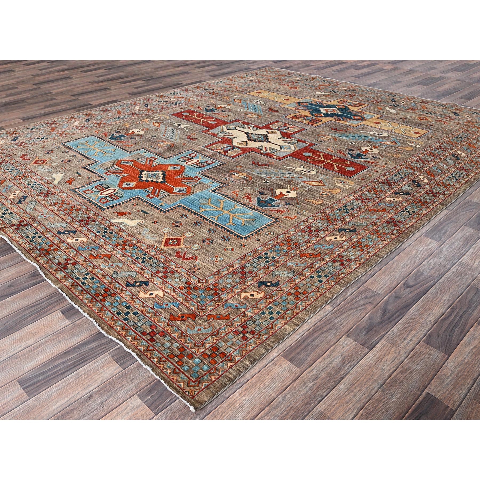 9’1″x11’6″ Taupe Armenian Inspired Caucasian Design Wool Hand Knotted Rug R1143