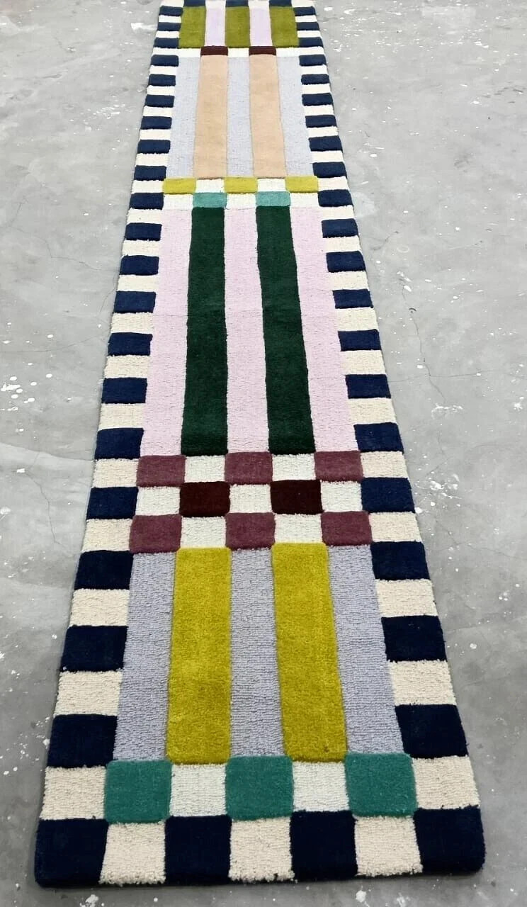 Hoxton Checkered Runner Loop & Cut Hand Tufted Handmade Rug Pure 100%Nz Wool
