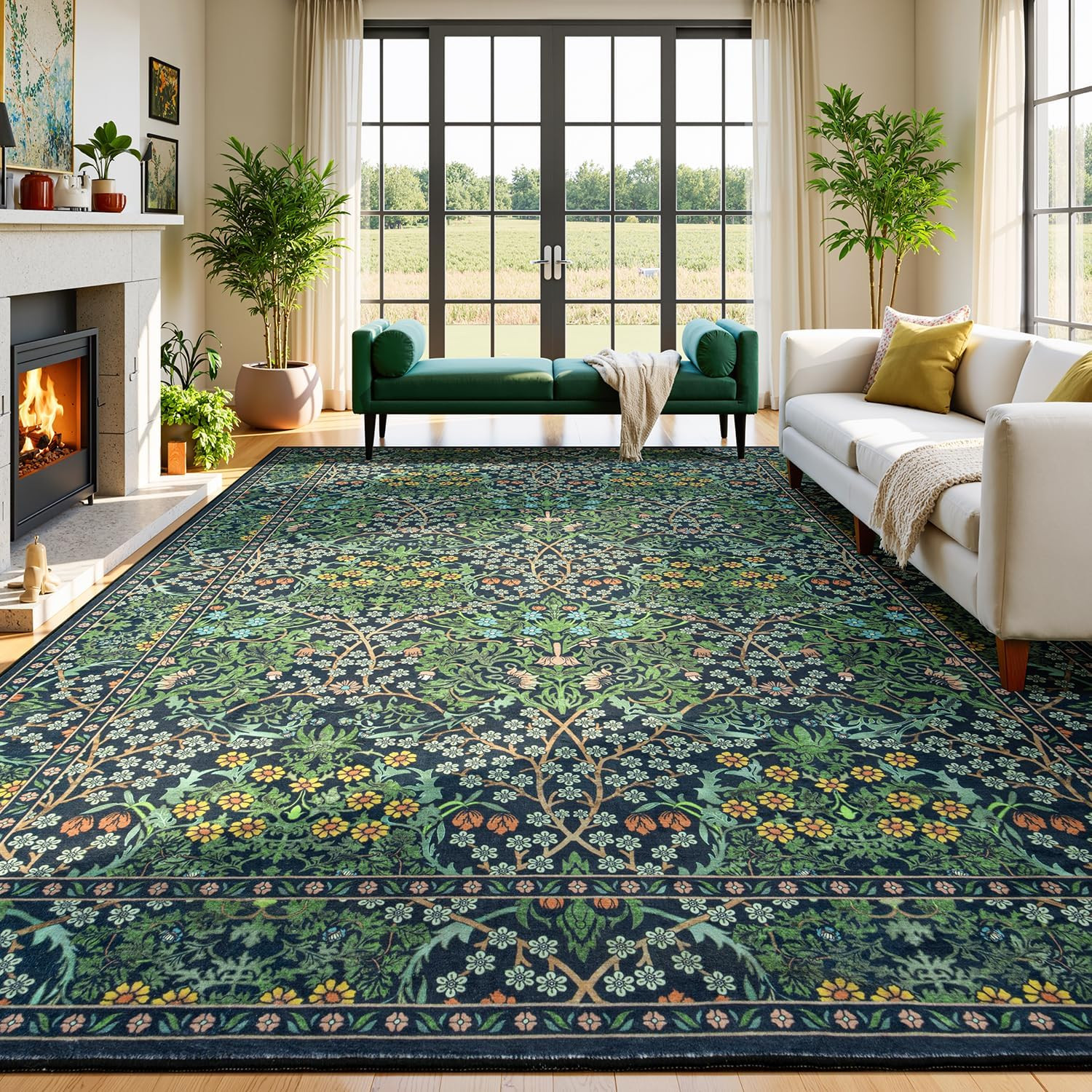 Boho Floral Extra Large Area Rug 10×14 – Soft, Washable, Non-Slip Design